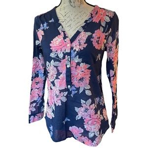 Old Navy Popover Floral Tunic Navy Blue & Pink Half Button Down Long Sleeve EUC